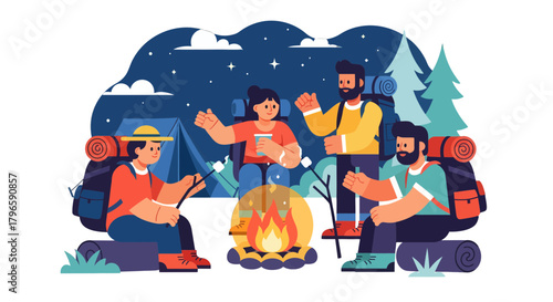 Group Of Adventurers Enjoying Campfire, Roasting Marshmallows, Under A Starry Night Sky