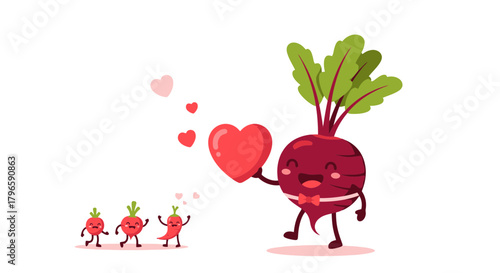 Fun Beetroot Character Sharing Love Heart With Adorable Carrot Cartoon Friends
