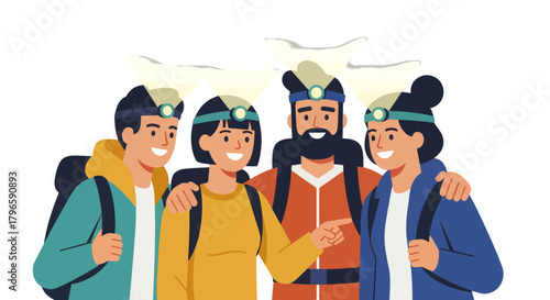 Group Of Adventurers Exploring The Unknown Using Headlamps At Night Together