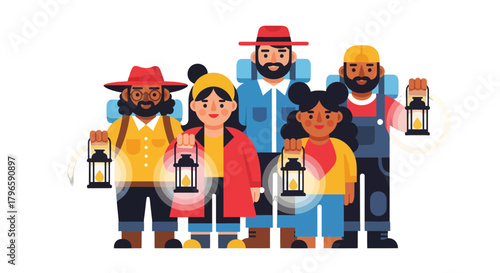Group Of Adventurers Exploring The Night With Lanterns In A Modern Artistic Illustration