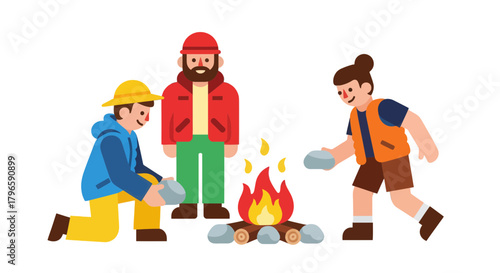 Group Of Adventurers Gathering Around A Campfire Preparing Food and Enjoying The Outdoors