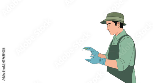 Gardener Observing Miniature Plant Against Black, Horticultural Design and Illustration