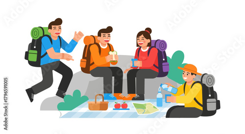 Group Of Adventurers Gathering Outdoors For A Picnic And Refreshment On A Trip
