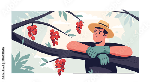 Gardener Resting Beneath Red Berries on a Lush Tree Branch in a Sunny Orchard Scene