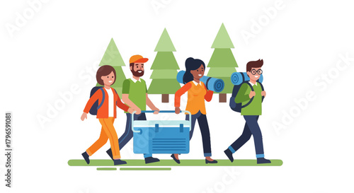 Group Of Adventurers Hiking Carrying Supplies Through Forest For A Camping Trip
