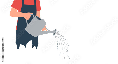 Gardener Watering a Plant with an Apron and Detailed Graphic Presentation