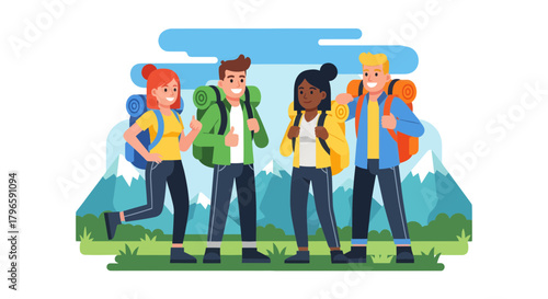 Group Of Adventurers Hiking With Backpacks In Front Of Mountains And Green Landscape