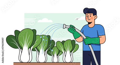 Gardener Watering Fresh Produce In A Garden With A Hose Under A Cloudy Sky Scene