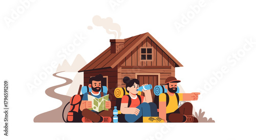 Group Of Adventurers Resting Outside Rustic Cabin After Mountain Hike and Exploration