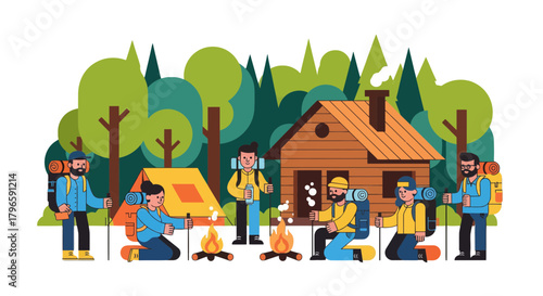 Group Of Adventurers Relaxes Around Campfires And Enjoys A Forest Retreat