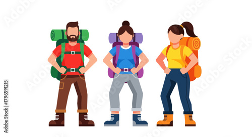 Group Of Adventurers Ready To Explore Nature With Backpacks And Confidence