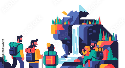 Group Of Adventurers Standing Near Epic Waterfall And Majestic Mountain Scenery