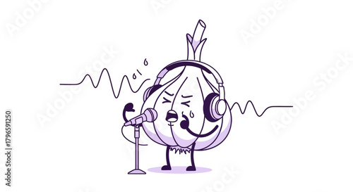 Garlic Singing With Headphone and Microphone In Black Background Creative Artwork