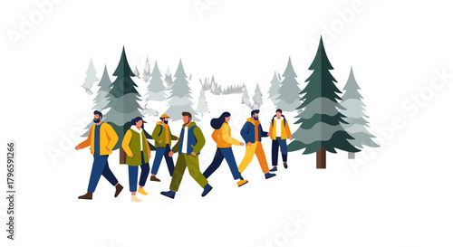 Group Of Adventurers Traverse Forest, Capturing Scenic Views Towards An Unseen Destination