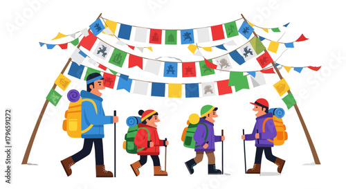 Group Of Adventurers Traverse Mountain Pass Under Prayer Flags In Vibrant Illustration