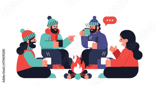 Gathering Around A Campfire, Sharing Stories And Enjoying Time Together In Winter