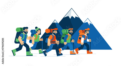 Group Of Adventurers Traverse Mountainous Terrain Towards A Distant Goal