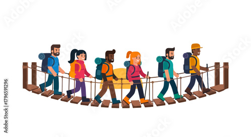 Group Of Adventurers Traverse Wooden Bridge In A Journey Through The Wilderness Adventure