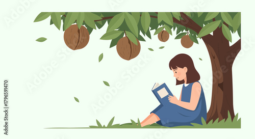 Girl Reading Book Under Walnut Tree: Delightful Illustration in Nature Setting