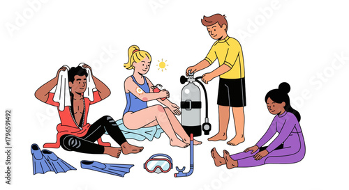 Group Of Divers Relaxing And Preparing For Scuba Diving Adventure After Underwater Trip