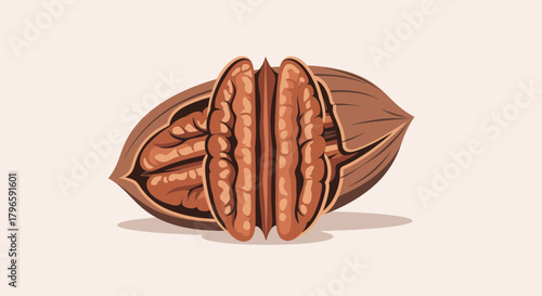 Graphic Illustration Depicting a Pecan Nut in Detail Showing the Seed Inside its Shell