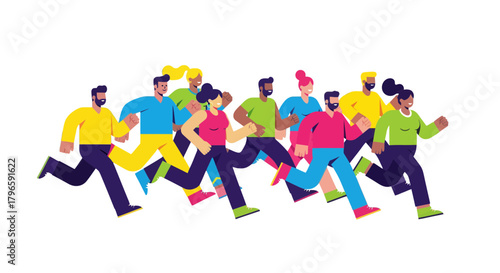 Group Of Diverse People Illustrative Sprinting Together On A Dark Backdrop