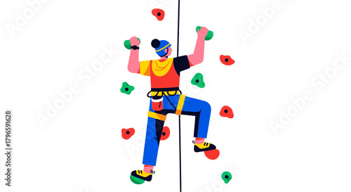 Graphic Illustration Depicting a Person Rock Climbing on a Simulated Wall with Holds