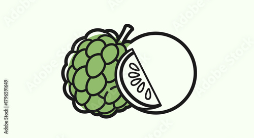 Graphic Illustration Depicting Custard Apple Fruit and a Slice with Precise Outlines