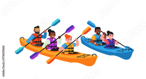 Group Of Diverse People Paddle Kayaks, Enjoying Adventurous Water Recreation Activities