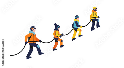 Graphic Illustration Depicting Group Of Climbers Ascending Hillside in Minimalist Style
