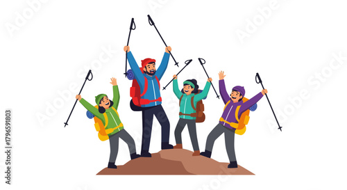 Group Of Excited Hikers Celebrating Success After Achieving Mountain Climbing Summit