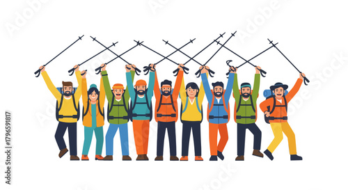 Group Of Excited Hikers Celebrating Success With Walking Sticks On Black Background