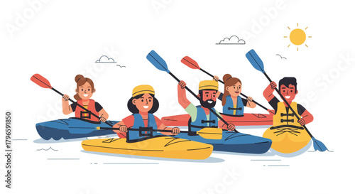 Group of Friends Adventures Kayaking Enjoying Water Sports On the Sunny Weather