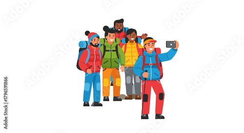Group of Friends Adventures Taking a Selfie Celebrating Mountain Exploration Journey