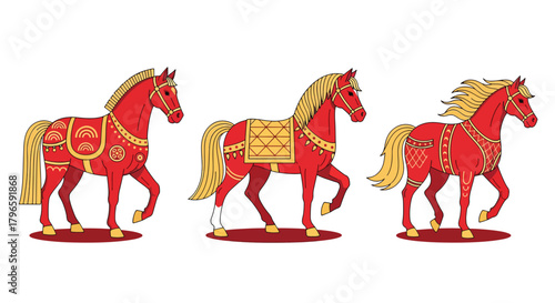 Three ornate red horses with decorative saddles and bridles.