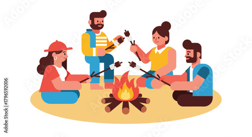 Group Of Friends Enjoy Roasting Marshmallows Around A Campfire Under Starry Night