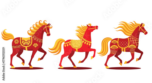 Three ornate red horses with golden manes and tails adorned with decorative saddles and blankets in a stylized illustration.