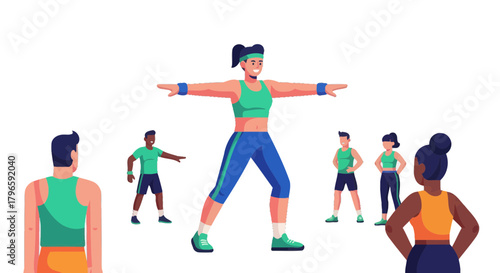 Group Exercise Led by Instructor with Energetic Movements and Fitness Routines