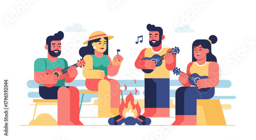 Group Of Friends Enjoy Music Around Bonfire, Ukulele And Togetherness