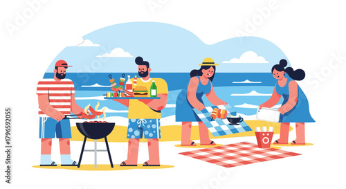 Group Of Friends Enjoying Barbecue And Picnic On Beach During Sunny Summer Day