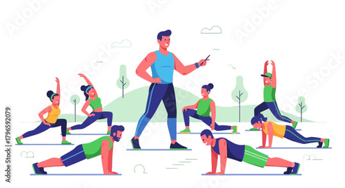 Group Fitness Training With Instructor Guiding Through Various Exercises In A Park Setting
