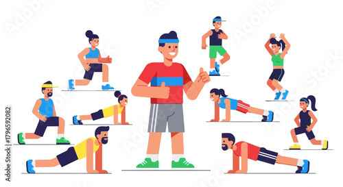Group Fitness Instructor Teaching Exercises To People In Sportswear, Vector Illustration.