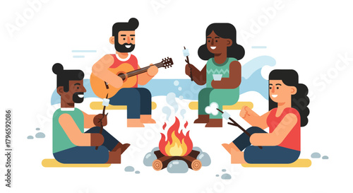 Group Of Friends Enjoying Bonfire Roasting Marshmallows And Playing Guitar Outdoors