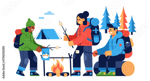 Group Of Friends Enjoying Camping Adventure At Night Roasting Marshmallows