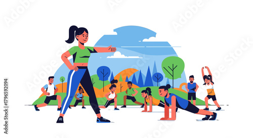Group Fitness Activity Outdoor Demonstration Illustrated Presentation with Instructor Guidance