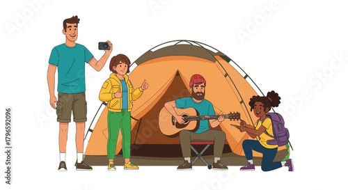 Group Of Friends Enjoying Camping Adventure At Dusk, Playing Guitar And Taking Photos Outdoors