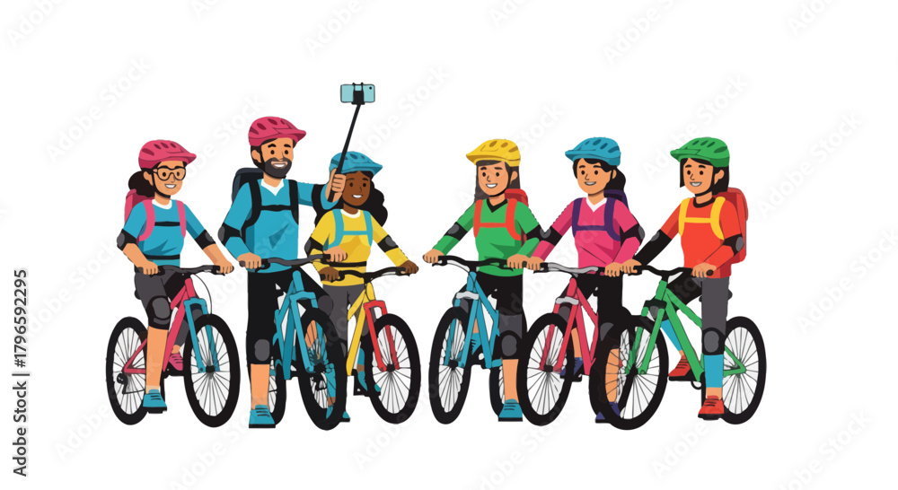 Fototapeta premium Group Of Friends Enjoying Cycling Adventure and Capturing Memories With Selfie Stick