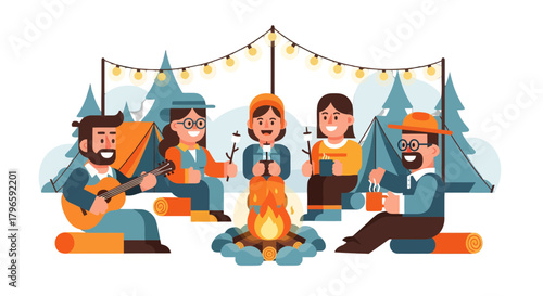 Group Of Friends Enjoying Camping Gathering, Nightly Celebration, Campfire, And Music