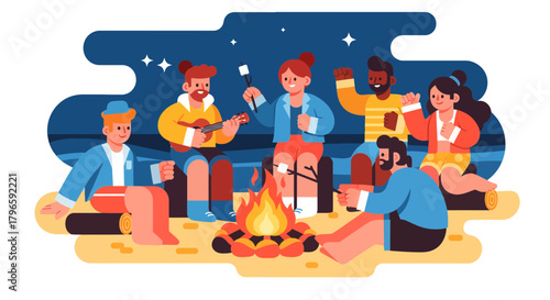 Group Of Friends Enjoying Camping Around Fire Under The Night Sky For Fun