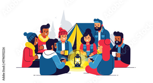 Group Of Friends Enjoying Camping Around A Lantern At Night With Tree Background